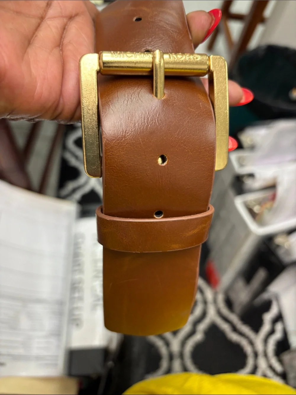 Michael Kors Brown Leather Belt with Gold-Tone Buckle - L 38”, waist 34-38, NWOT